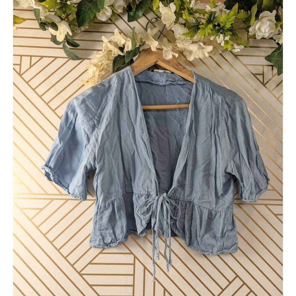 BRANDY MELVILLE Women's Blue Tie Front Short Sleeve Ruffle Top Size XS/S - Picture 1 of 5